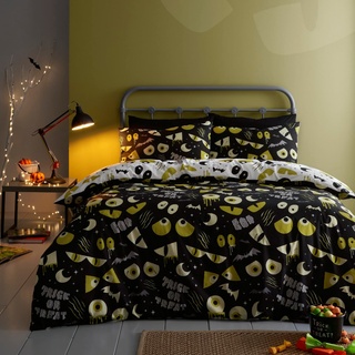 Bedlam Halloween-Bettwäsche-Set für Kinder, leuchtet im Dunkeln, Süßes oder Saures, Einzelbett-Set in Schwarz