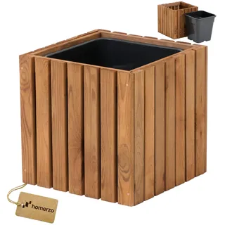 HOMERZO Pflanzkübel Holz – imprägniert wetterfest – mit herausnehmbarem Kunststoffeinsatz – Pflanztopf Blumenkasten für Balkon Garten Terrasse (Vertikal-braun 36x36 H35 cm)