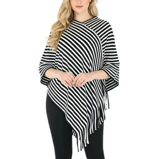 dy_mode Strickponcho Damen Fransenponcho Gestreift Überwurf Cape Poncho Gestrickt mit V-Ausschnitt, mit Fransen schwarz