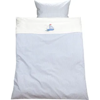 Lorenchen/Lorena Mako-Batist Streifen Kinderbettwäsche Segelboot Schiff Blau Weiß 100% Baumwolle gestreift (135 x 200 cm + 80 x 80 cm)