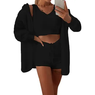 Minetom Winter Frühling Pyjamas Damen Dreiteilig Ensembles de Pyjama Warm Coral Fleece Plüsch Nachtwäsche Kapuzenpullover Mantel Jacke Crop Top und Shorts 3-teiliges B Schwarz 34 - 34