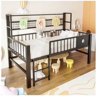 HAUSS SPOLE Kinderbett 90x200 Metallbett Sicherheitsgitter,Halbhochbett mit Matratze Schwarz (Jugendbett Niedrig mit praktische Stauraum unter dem Bett im Kinderzimmer, aus robustem Metall), Bettgestell mit integrierte Kleiderstange,mit Ablage aus Netzgewebe schwarz