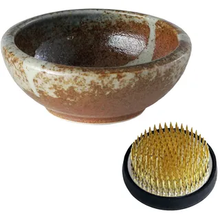 Wazakura Minoyaki Serie Ikebana Essenzielle Utensilien Set- Kleine runde Keramikvase und Kenzan Blumenfrosch für Blumenstecken Arrangements (Weiße Streifen and Terrakotta Vase + 61mm Messing Kenzan)