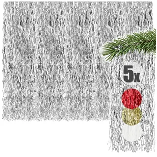 com-four® 5X Lametta - silberfarbene Lametta Girlande für Weihnachten - Christbaumschmuck für den Tannenbaum - Lametta-Vorhang mit welligen Fäden (silberfarben - 05 Stück)