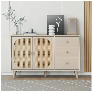 REDOM Sideboard in Creme mit Rattan-Türen (Aufbewahrung Sideboard TV-Tisch, 1 St., Massivholzbeine, gemütlicher Landhaussti), 2 Holztüren, 3 Schublade beige
