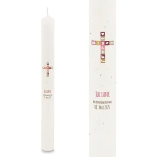 GRAVURZEILE Bedruckte Stabkerze - Kreuz Symbole - Personalisiert mit Name & Datum - Geschenk zur Taufe, Kommunion oder Konfirmation - Für Jungen & Mädchen - Altarkerze 400/40 mm - Farbe: Rosa