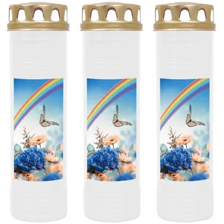 HS Candle Grabkerze - 3er Pack - (Weiß) Grablicht ca. 7 Tage Brenndauer je Kerze - Motiv: Regenbogen