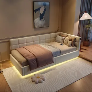 Polsterbett Kinderbett 90x200 mit LED und USB-Anschlüssen, Jugendbett 90x200 mit Hydraulischer Stauraum, Schlafsofa Einzelbett Daybett Tagesbett Gästebett Bettgestell mit Lattenrost,Samt