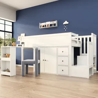 Kinder-Hochbett, multifunktionales Kinderbett, mit ausziehbarem Schreibtisch und seitlichem Stauraum, mit Schrank, mit Schublade, mit Treppe und