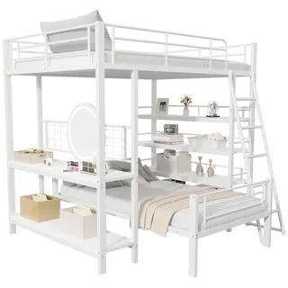 HAUSS SPOLE Etagenbett Metallrahmen 140x200 mit Mehreren Ablagefächern, ohne Matratze Weiß (Hochbett Metall 140x200 cm, Funktionsbett Gästebett mit Ablagefächern, stabiler Eisenrahmen, Platzsparend und wandelbar für Kinder, Jugendliche und Erwachsene), Ohne Matratze