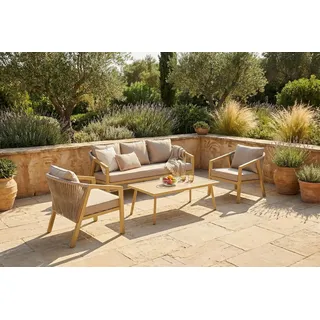 Bjorkka Gartenlounge-Set "LOARA CAFFE HOLZ-OPTIK" Stahl, mit Tisch, Geflochten / Rope Design, (4-tlg), Geflecht, Pflegeleicht, Gartenmöbel-Set, Skandinavisch / Boho braun
