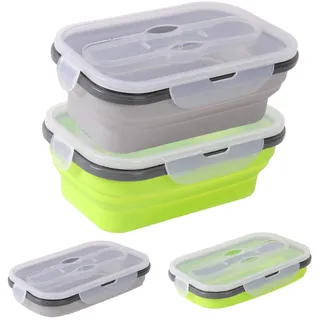 Camping Faltbare Schüsseln mit Deckel 900ml Neu Silikon Faltbare Brotdose mit Gabel Löffel BPA-frei Faltschüssel Lunchbox Outdoor Frischhaltedosen für Mikrowelle Kühl- und Gefrierschrank, Grau Grün