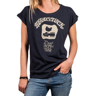 MAKAYA Print-Shirt Damen Oversize Top mit Aufdruck-Woodstock Logo Musik Motiv mit Spruch (Tunika elegant, schwarz, blau, grau) große Größen blau 3XL