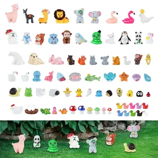 100 Stück Mini Tierfiguren Harz Spielzeug Set Ornamente Ente Löwe Elefant Elch Dinosaurier Miniatur Figuren Landschaft Aquarium Geschenk Geburtstag Tortendeko für Jungen Mädchen Party Mitgebsel