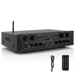 Pyle 500W- Bluetooth Verstärker, Mini Verstärker, Amplifier, Stereo Receiver- 4 Kanal AUX, FM- Radio, RCA- Subwoofer, USB, Mic- Eingang mit Echo, Audio Verstärker- Perfekt für Heimkino & Studio