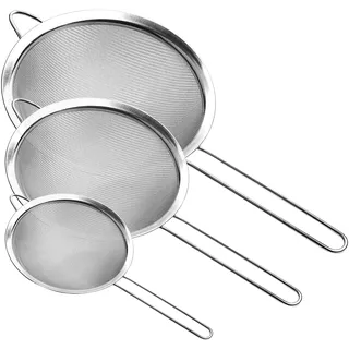 Feinmaschiges Sieb, Edelstahl Feinmaschiges Sieb, 3er Set Kleine Siebe Feinmaschig für Küche, Silber Sieb Sieb Sieb mit Langem Griff, 8,1 cm, 13,5 cm, 19,8 cm