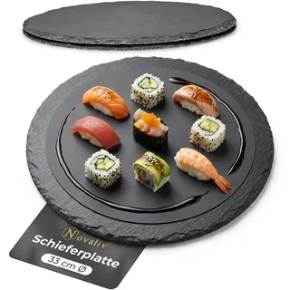 Novaliv 3x Schieferplatten I rund I 33x0,5 cm I Sushi Platte Steinteller Schieferplatten Set Schiefer Servierplatten schmall Kerzen Teller