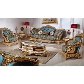 Casa Padrino Luxus Barock Wohnzimmer Set Blau / Weiß / Braun / Gold - 2 Sofas & 2 Sessel & 1 Couchtisch & 2 Beistelltische - Handgefertigte Wohnzimmer Möbel im Barockstil - Edel & Prunkvoll