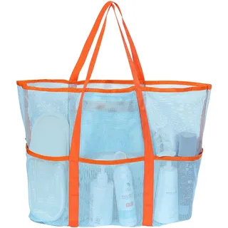 FOSDICK Strandtasche Netz, Mesh Beach Tote Bag, Große Strandtasche mit Mehrere Taschen, Leichte Faltbar Netztasche Strand Tasche, Badetasche Mesh, Shopper Tasche Damen für Strand Urlaub Reise Picknick - L