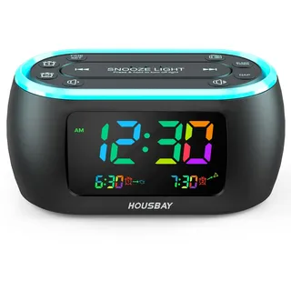 HOUSBAY 3-in-1-Wecker für Schlafzimmer, Radiowecker und Nachtlicht, Regenbogen-Ziffer, Dual-Alarm, Kleiner Radiowecker für Kinder, Jugendliche