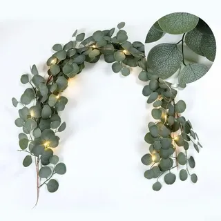 Künstliche Eukalyptus-Ranken-Girlande, 2 m, mit natürlichen Seidenblättern, für Heimdekoration, Hochzeitseinstellungen, Fotohintergründe und dekorative Displays (A mit Lichtern)