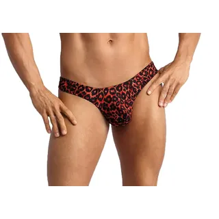 Herren String in schwarz rot aus glatten blickdichtem Stoff mit Animal Leoparden Print Männer Tanga halbtransparent - 3XL
