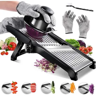 Gemüsehobel, Gemüseschneider, Würfelschneider, Reibe, Zerkleinerer, Verstellbar Edelstahl Gemüsereibe Mandoline, mit Schnittfesten Handschuhen - Schwarz/Silber