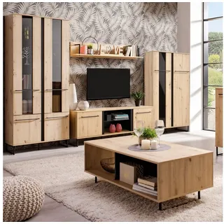 Homestyle4u Highboard BHT 85x153x35 Vitrine Wohnzimmer Schrank Holz Glas Industrial Eiche braun