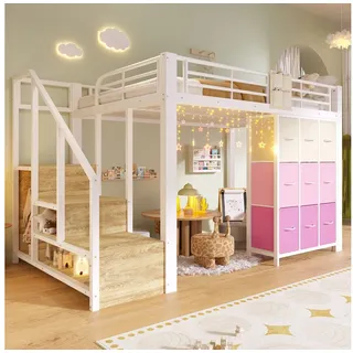 Merax Hochbett Kinderbett Jugendbett mit Sicherheitsgeländer (1-St) Metallbett 140x200cm mit Stauraumtreppe, Schubladen, Kleiderstange weiß 145 cm x 251.5 cm x 140 cm