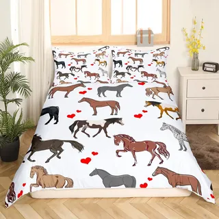 Loussiesd Karikatur Pferd Bettwäsche Kinder Niedlich Bettwäsche Set 135x200cm Mädchen Ponys Herz Bettbezug Set Bauernhof Tiere Für Jugendliche Tierwelt Pferd Weich Mikrofaser 2st