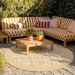 FRAAI | Home & Living In- & Outdoor Teppich Rund - Summer Oriental Gelb - Wetterfest - Polypropylen - Ø 120 cm - Balkon, Garten/Terrasse - Terrasse Teppich - Outdoor Rug