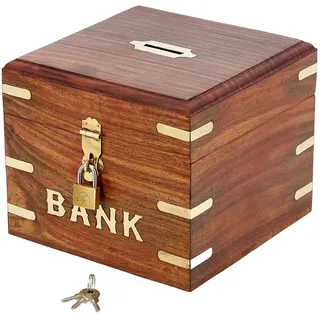 Ajuny Spardose aus Holz Quadratisch Dekoratives Sparschwein mit Schloss und Schlüssel Geldspar Aufbewahrung Münzbankbox Messinge Inlage Geburtstagsgeschenke Heim Dekoration 6x6 Zoll