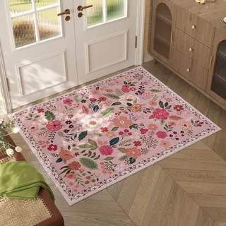 Fußmatte 80x120 cm Elegante Rosa Blumen Fussmatte Aussen Fussmatte Innen rutschfeste Schmutzfangmatte Waschbar Fussabtreter für Flur Haustiere Fußmatte Außen