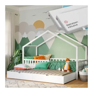 Bellabino Hausbett Vils 90x200 cm mit Rausfallschutz & Lattenrost (inkl. Gästebett & 2 Matratzen), Kinderbett auch verfügbar mit Schublade/offenem Stauraum weiß