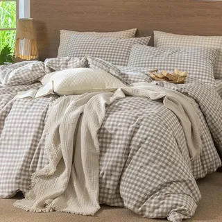 Lanqinglv Bettwäsche 135x200 Baumwolle Kariert Beige Weiß,Renforce Baumwolle Bettwäsche Set mit Reißverschluss,ÖKO-TEX Bettwäsche Gitter für Allergiker Geeignet,1 Bettbezug & 1 Kissenbezug 80x80 cm