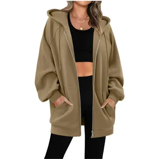 Sweatjacke Damen mit Kapuze Dünne Fleecejacke Kapuzenpullover Zipper Hoodie Lange Jacke Leicht Übergangsjacke Elegant Einfarbig Kapuzenjacke mit Taschen Strickjacke Casual Sweatshirt Locker Pullover - XXL