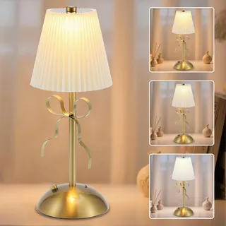 Akku Tischlampe, Wiederaufladbare LED Schreibtischlampe, Dimmbare Leselampe mit 3 Lichtfarben, Gold Schleife Lampe mit Touch-Steuerung, Vintage Nachttischlampe Touch für Schlafzimmer, Wohnzimmer, Büro