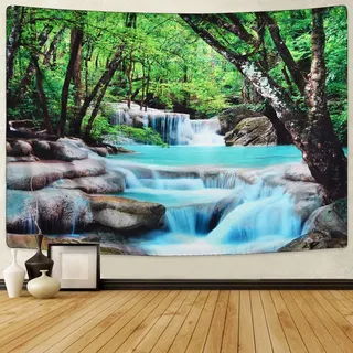 Jorisa Wald Fluss Tapisserie Wandteppich,Grün Bäume Dschungel Wasserfall Felsen Natur Landschaft Wandtuch Wandbehang für Wohnzimmer,Schlafzimmer,Wohnheim,Fotografie Hintergrund,95x73cm